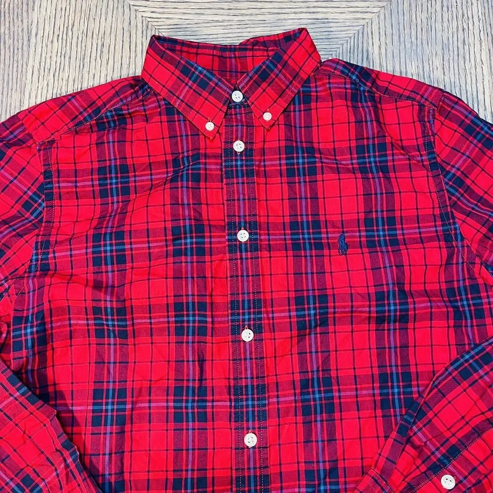 Ralph Lauren Red Blue Plaid Long Sleeve Shirt Small Navy Pony Button Up XL 18 20